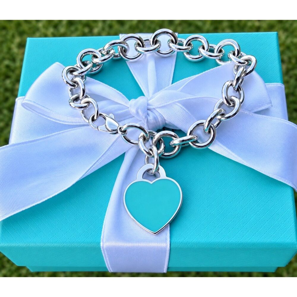 Return To Tiffany & Co. Blue Enamel Heart Bracelet, 7", Silver 925